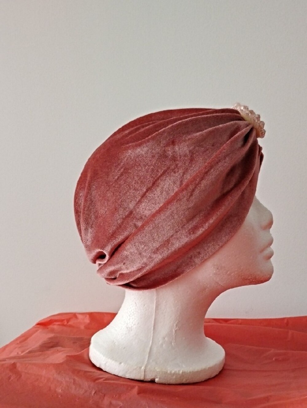 Velvet Turban Headwrap with Beaded Brooch - Dusty Rose - Picture 2 of 5